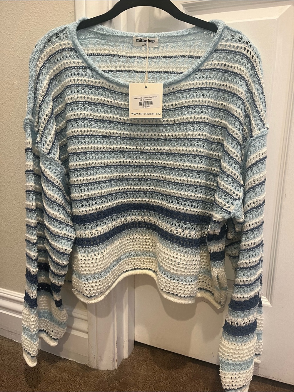 mittoshop Light Blue, Navy & White Striped Open-Knit Sweater
